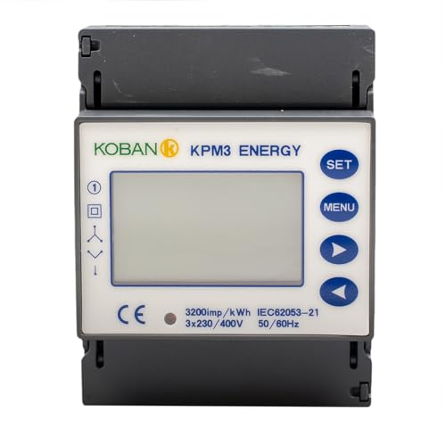KOBAN KPM3 ENERGY SMART Medidor de Consumo Eléctrico Trifásico con Pantalla LCD. Contador Eléctrico de Tensión, Corriente y Potencia. Medidor de Energía Digital con Montaje Carril DIN o Superficie.