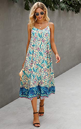 Image of Angashion Women's Dresses Floral Adjustable Spaghetti Strap V Neck Boho Long Maxi Dress Summer Beach Flowy Ethnic Sundress