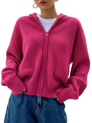 Image of SOLY HUX Zip Up Cardigan for Women Hooded Cardigan Sweater Knitted Drop Shoulder Fall Clothes Winter Hoodies Outerwear