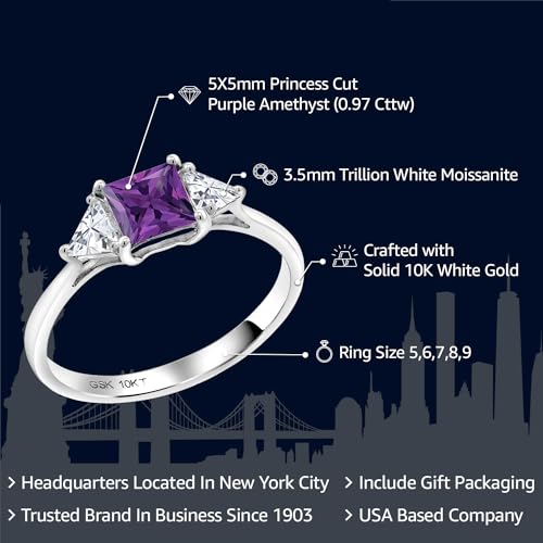 Gem Stone King 10K White Gold Purple Amethyst and White Moissanite 3 Stone Engagement Ring For Women (0.97 Cttw, February Birthstone, Princess 5MM, Trillion 3.5MM)2