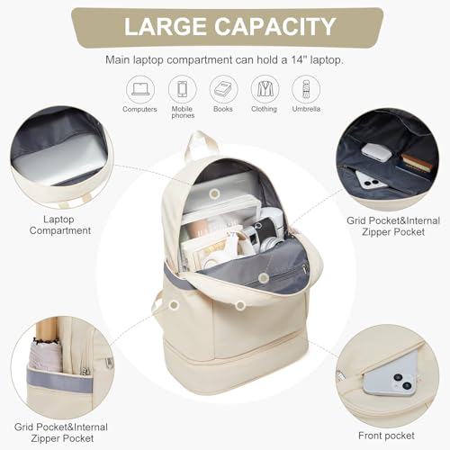 coofay Gym Backpack For Women Men Dance Sports Backpack With Shoe Compartment Waterproof Travel Backpacks Gym Bag Beige