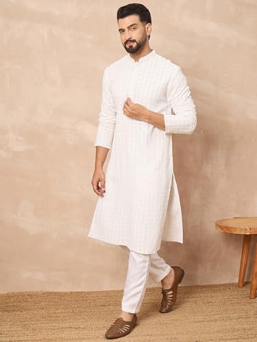 Image of Men's Solid Embroidered Long Straight Kurta | Men's Kurta | Embroidered Chikankari Kurta for Men | Straight Fit Kurta for Men