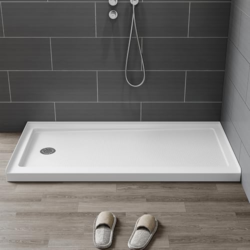 Image of HOROW 60 inch x 30 inch Shower Base, Left Drain Shower Pan, Low Profile Acrylic Base with Reinforced Fiberglass, Non-Slip Surface, Stainless Steel Drain Cover, Leak-Resistant for Bathroom