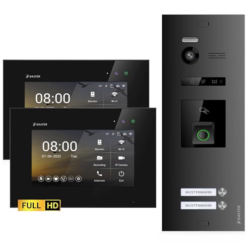 Balter EVO-HD Video Türsprechanlage mit Fingerprint, Video Türklingel, 2 Familienhaus, 2X 7 Zoll Monitore, Türklingel mit Kamera Full HD, 2 Draht Bus, 175° Weitwinkel, RFID,1080P