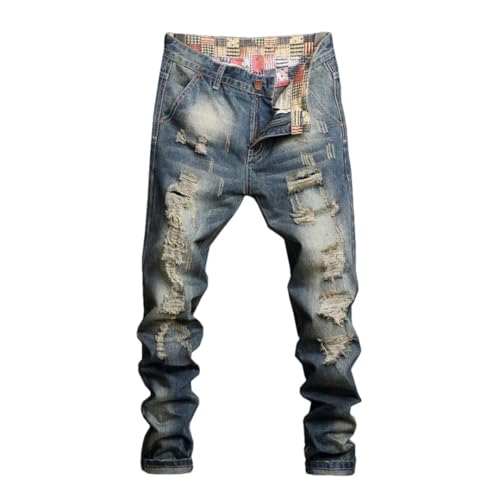 Men Spring and Summer Straight Loose Fit Hollow Out Street Wear Hip Hop Pants Distressed Biker Jeans