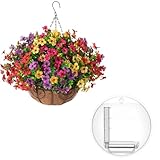Artificial Faux Hanging Plants Flowers Basket Fake Silk UV Sun Resistant Colorful Daisy and Transparent Hanging Basket for hydroponic Plant Two Items Together