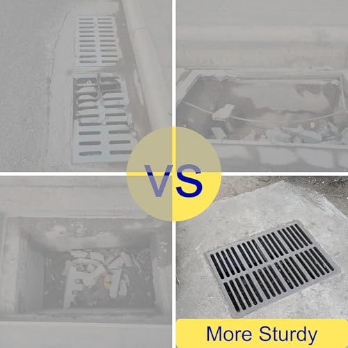 Image of Cast Iron Drain Grate, Driveway Channel Cover 20x12 in C-Class | Heavy-Duty Outdoor Trench Drainage, Black Rectangle Metal Sewer Cover for Garage, Yard, True 19.7x11.8