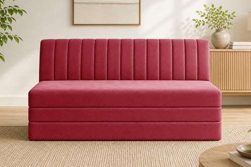 Image of 3-Seater Foldable Floor Sofa Bed with, Modern Velvet Fabric Folding Couch for Living Room, Guest Room & Small Spaces-Red