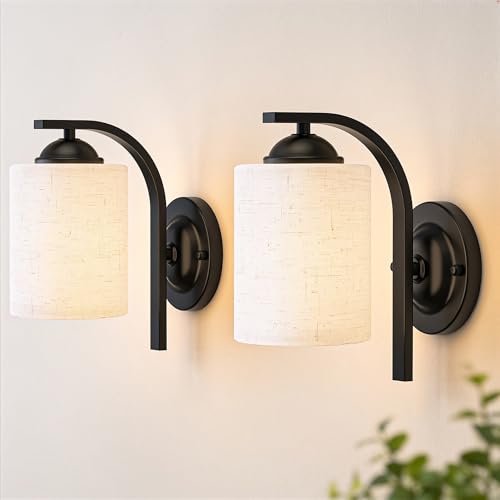 Image of 2-Pack Wall Sconces for Bedroom and Bathroom, Matte Black Farmhouse Wall Light Fixtures with Fabric Shade, Modern Vanity Wall Lamps for Living Room, Hallway, Kitchen