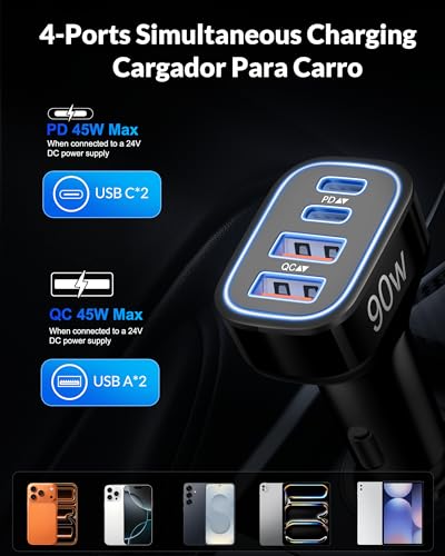 USB C Car Charger, 4-Port 90W Super Fast Car Phone Charger Accessories Dual 45W USB-C & USB-A Cargador Carro Adapter Cigarette Lighter for iPhone 17 16 15 14 13 12 11, Galaxy S25 S24, Tablet, Android