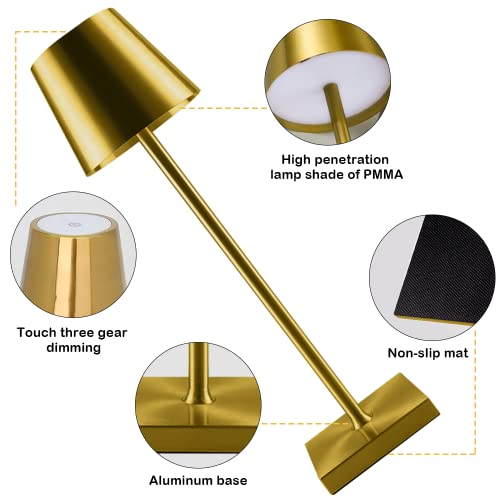 Leroxo Portable Metal Desk Lamp, Cordless Led Table Lamp,3 Color Touch Control Rechargeable Lamp,3-Levels Brightness Room Decor Desk Lamp,Bedside Lamp,Night Light, Dining Room Lamp (Gold) #TOP4