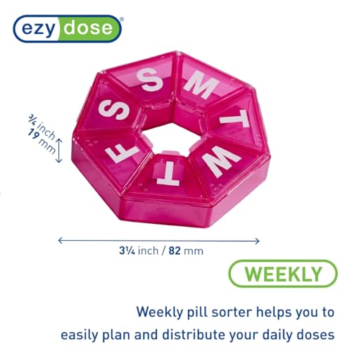 Image of Ezy Dose Weekly (7-Day) Pill Organizer, 7-Sided Medicine Planner, Pink | Compact Daily Round Vitamin & Supplement Medicine Case, Convenient and Easy to Use, Travel-Friendly Container, BPA-Free