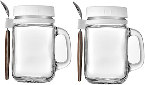 Tarros de avena con cuchara y tapa, paquete de 2 tarros de avena de vidrio de 16.2 onzas con asa, tarros herméticos de gran capacidad para frutas,