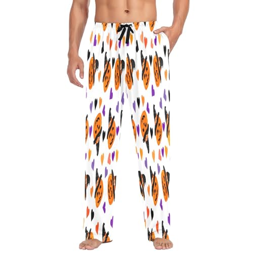 Qilmy Pumpkins Witch Halloween Men's Cotton Pajama Pants, Lightweight Lounge Sleepwear with Drawstring and Pocket