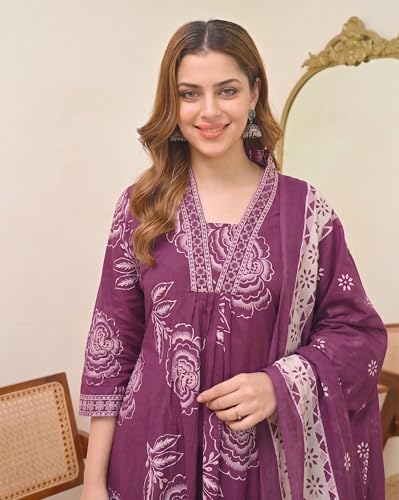 Image of Klosia Women Printed A-Line Kurta and Pant Set with Dupatta | Printed Kurta Set | A-Line Kurta Set | Women Kurta Sets | Summer Suit |