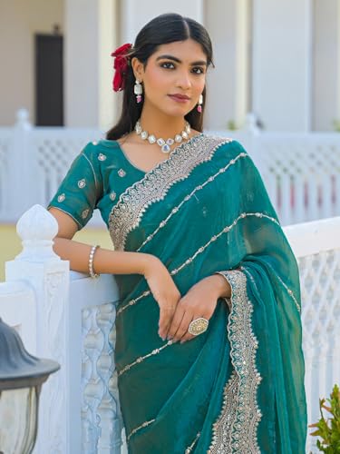 Image of Satrani Women's Shimmer Chiffon Scalloped Border Sequins Embroidery Saree with Unstitched Blouse Piece