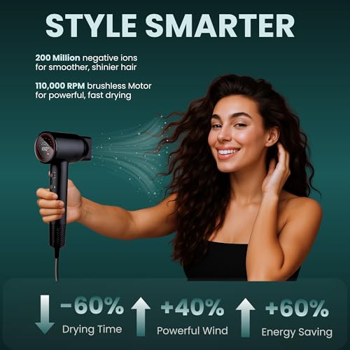 Ionic Hair Dryer - 110000 RPM High Speed Hair Dryer for Men & Women - 200 Million Negative Ions and Noise Reduction - Professional Hairdryer for Frizz Free, Shiny & Soft Hair - Image 5