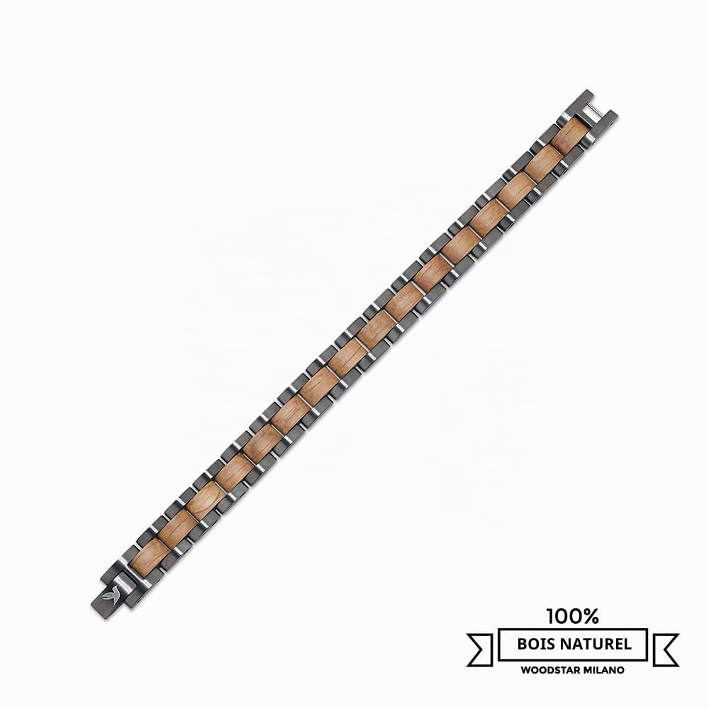 WOODSTAR (SILVER DARK CROCODILE) Bracelet pour Homme en Acier et Bois, Bijoux Écologiques Naturels Réglable B19-001