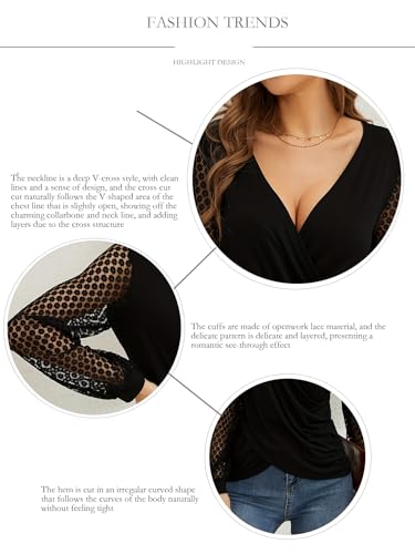 KIJSKKOPO Blusa Encaje con Escote En V Y Escote Bajo Mujer, Sexy, Negra, con Pliegues Cruzados, Transparente, Manga Larga, Estilo Túnica, Corte Entallado, Estilo Diario, para Fiestas, Color Negro