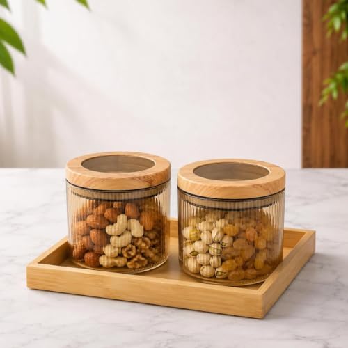 Image of Borosilicate Golden Ribbed Glass Storage Jar Set with Bamboo Tray, Set of 2 (500ml), Airtight Round Glass Containers with Bamboo Lids & Silicone Seal, Dry Fruit Storage Jars for Spices