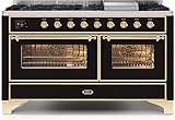 ILVE UM15FDNS3BKGLP Majestic II Series 60 Inch Freestanding Dual Fuel Range with Liquid Propane, 9 Sealed Brass Burners, Double Ovens, 5.02 cu. ft. Total Oven Capacity, Glossy Black with Brass Trim