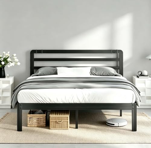 Image of ZIYOO 18 Inch Queen Black Metal Bed Frame with Headboard, 1500LBS Reinforced Platform Bed, Noise Free Steel Slat Support, No Box Spring Needed, Easy Assembly, Perfect for Bedroom Guest Room Hotel