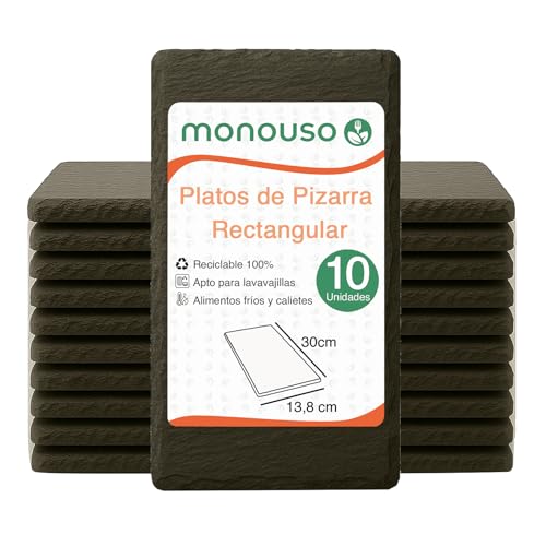 Monouso | 10 Platos de Pizarra Rectangular, 30x13,8cm, Tablas de Pizarra para Servir Aperitivos, Bandeja para Alimentos, Antideslizante, Reciclable, Apto para Lavavajillas