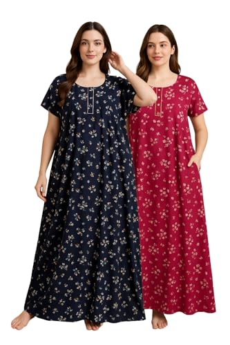 Image of Bahumaan Pure Cotton Nighty for Woman | Floral Gown for Women Night Wear with Pocket | Cotton Nighty for Women Stylish | Maxi for Women Cotton (Navy Blue & Dark Pink, XL-Bust-46)