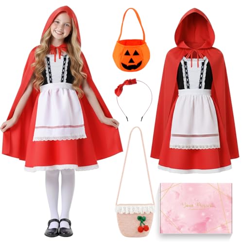 COYBTO Disfraz Roja Niña, Vestido Roja con Capa Bolso, Regalo para Niño, Disfraces de Carnaval para Niños, Rojas Disfraz para Fiesta Cosplay