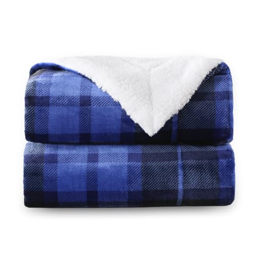 SOCHOW Karierte Sherpa Decke Kuscheldecken 150 x 200 cm, Blau – Ansicht 1