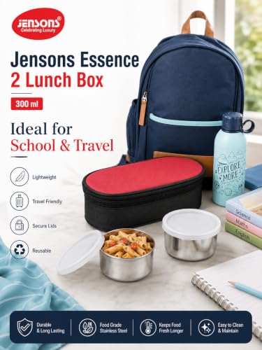 Image of JENSONS Premium Essence Stainless Steel Lunchbox 3pc Set (350ml x 2) Tiffin for Office, School & College with Food Grade Steel Leakproof & Dishwasher Safe