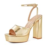 Elisabet Tang Chunky Heeled Platform Sandals for Women,4.7 Inch Block Heels with Open Toe Ankle Strap, Dress Shoes for Wedding Party Homecoming Travel Gold Size 7