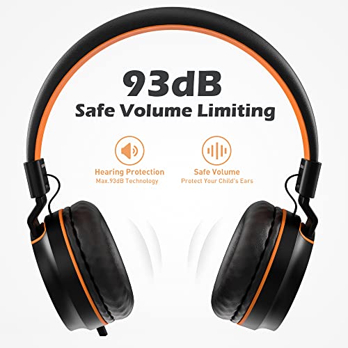 Image of AILIHEN I35 Kids Headphones for School with Mic, 93dB Safe Volume, Orange | Wired On Ear Headphones for Girls Boys, 3.5mm Foldable Lightweight for Classroom Chromebook, Laptop, Computer, Tablet