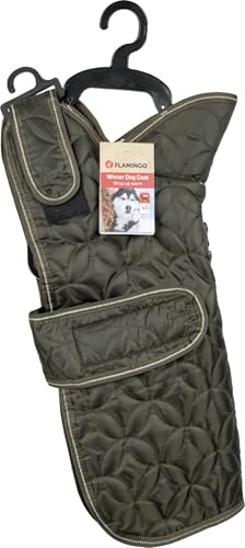 Flamingo Hundemantel Winter – Ushi Khaki – 40cm – warm & modisch – Polyester – wasserabweisend – Fleece-Innenfutter – Klettverschluss – reflektierend – Geschirröffnung