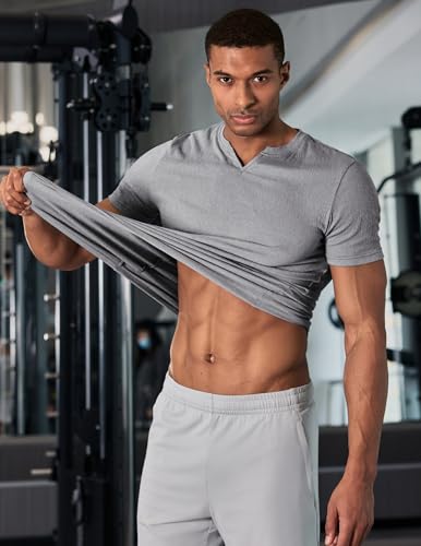 JMIERR Mens Muscle Slim T Shirt Texture V Neck Longline Henley Gym Workout Athletic Tee Shirts4