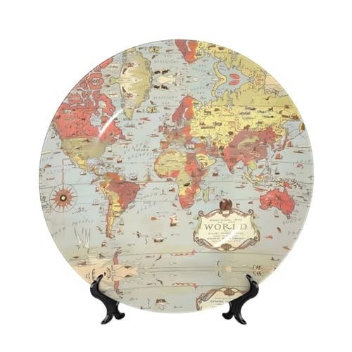 POEZJZW Plato decorativo de porcelana china con mapa del mundo, para manualidades, decoración perfecta para el hogar, oficina y cafetería, 8 pulgadas