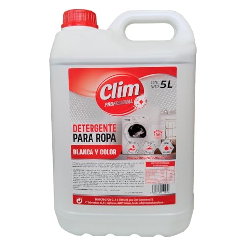 Clim Profesional - Detergente Lavadora para Ropa Blanca y a Color 5L. Uso en Hogares y También Para Uso en Lavanderías, Hostelería y Restauración. Limpia la Suciedad en Cualquier tipo de Prenda