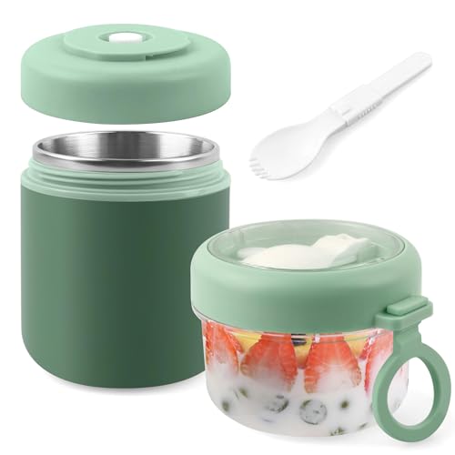 Acasimo Edelstahl Müslibecher to Go 2-in-1 Joghurtbecher to Go Mit Löffel 530ml+330ml Tragbarer Auslaufsicherer Müslibecher Geeignet für Gefrierschrank Spülmaschine Erwachsene(Grün)