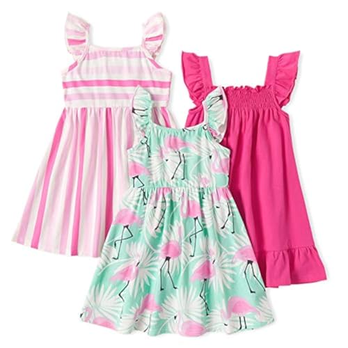 PATPAT Multipack Girl Toddler Dresses Sleeveless Flamingo Striped Toddler Casual Dresses