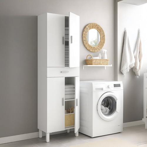 ARMADIO MULTIUSO OXNARD - Mobile per bagno o lavanderia a 4 ante e 1 cassetto, Armadio multiuso portascarpe, cm 60x29h182, Bianco lucido