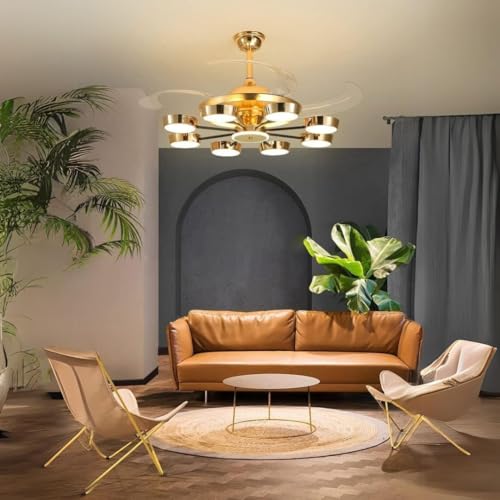 Image of Glowave 8 Lights Rings Chandelier Fan Gold 4 Retractable Blades Remote Control - Tricolour | Warm White, White, Natural White | T-8209 (8 Lights)