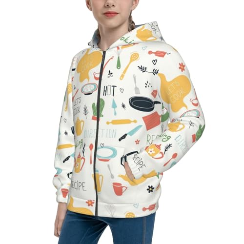 Kitchen Doodle Pattern Kids Pullover Hoodies Boys Zip Up Sweatshirts Girls Athletic Clothes with Pocket - Main Image
