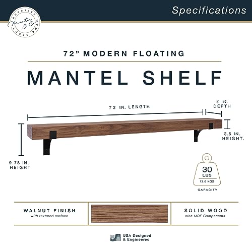 Image of MCS 72-Inch Mantel, Master & Co Walnut Woodgrain Finish Solid Wood Floating Fireplace Mantel, Long Floating Shelf for Livingroom with Wood Cleat Hanging System, Photo and Home Decor Display Shelf