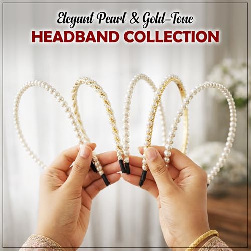 Image of GLUN Pearl Hair Band Set of 5 Different Design for Women & Girls, Elegant Pearl Headbands with Metal Frame, Stylish Hair Accessories for Party, Wedding, Daily Wear