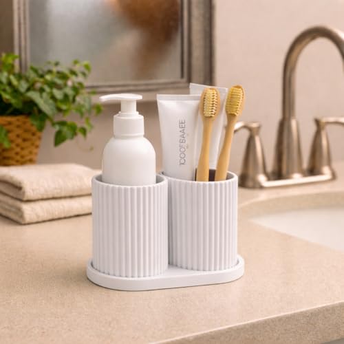 Image of Aesthetic Toothbrush Holder for Bathroom, Dual Cup Ribbed Design, Toothbrush & Toothpaste Organizer Stand, Modern Bathroom and Stationery Accessories Holder (White)