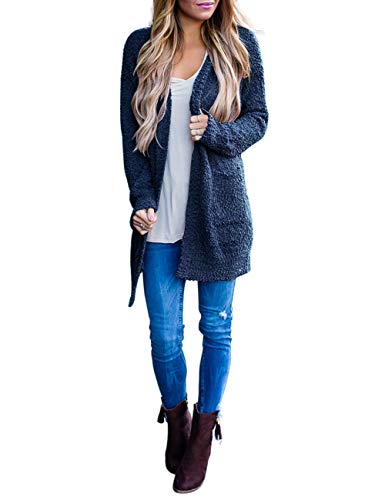 MEROKEETY Women's Long Sleeve Soft Chunky Knit Sweater Open Front Cardigan Outwear Coat A-Navy - Image 5