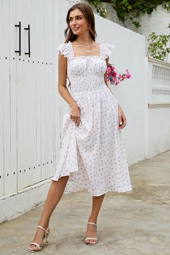 Women's 2025 Summer Flowy Maxi Dresses Casual Ruffle Sleeve Square Neck Smocked Waist Beach Vacation A Line Long Dress4