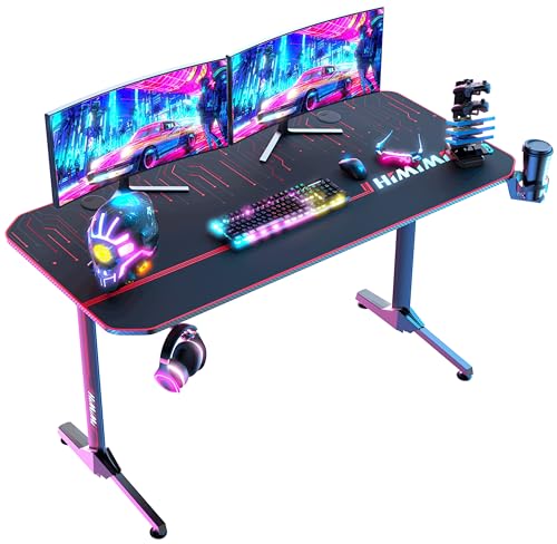 Himimi Mesa Gaming,Escritorio Gaming de Ergonómica, Escritorio Gamer de Fibra de Carbono, Escritorio de Juego con Alfombrilla de Ratón, Portavasos y Gancho para Auriculares,Negro （140x60x70 cm ）