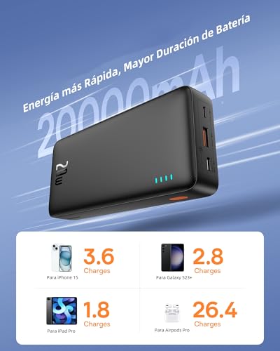 Baseus Powerbank, 20.000 mAh, snel opladen, externe mobiele telefoon-accu 20 W PD QC oplader met USB C in & out, kleine maar sterke powerbank voor iPhone 15 14 13 12 11 Samsung S23 S22 iPad Google LG - Afbeelding 7