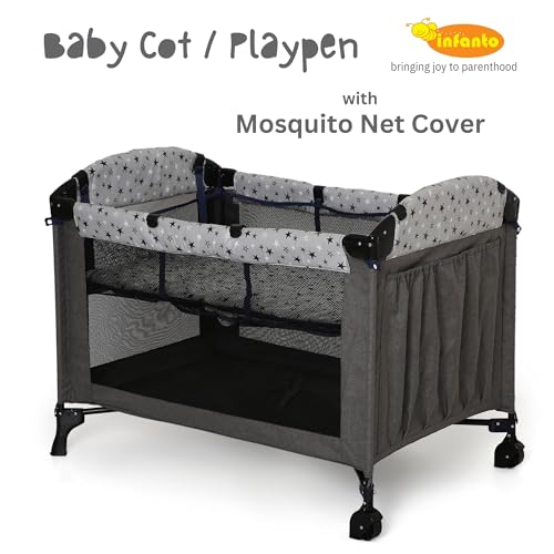 Image of Infanto Portable Baby Playpen Cum Cot with Travel Bag | Easy Fold Compact Design | 2 in 1 Functionality Crib | Double Layer Pad | Breathable Mesh Baby Bedside Crib with Playpen for Babies | Grey
